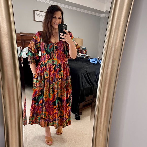 House OF HARLOW 1960 Meadow Print Ballon Sleeve Smoked Waist Midi Dress sz Large - Picture 6 of 15